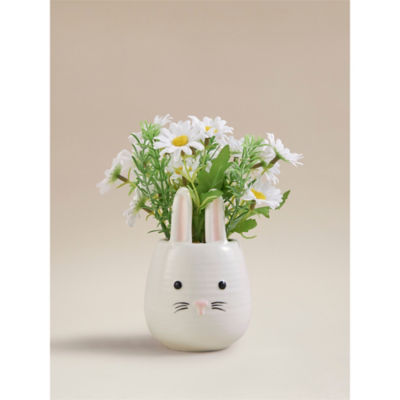 White bunny planter with artificial daisies - British product