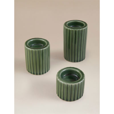 Set of 3 Green Glaze ribbed tealight holders, imported from the UK