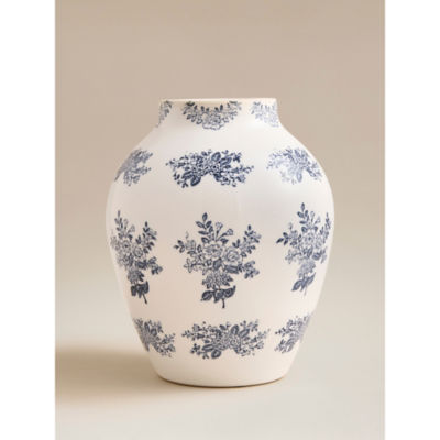 Stacey Solomon vintage etched flower vase stoneware blue white, imported from the UK