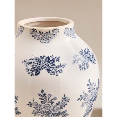 Stacey Solomon vintage etched flower vase stoneware blue white, imported from the UK