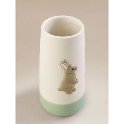 Beige ceramic bud vase with bunny detail, imported from the UK