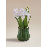 White artificial hyacinths in green ceramic pot (British brand)