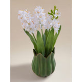 White artificial hyacinths in green ceramic pot (British brand)