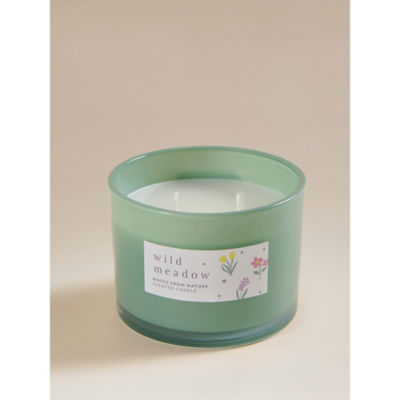 Wild Meadow wooden lid candle, green glass, imported from the UK