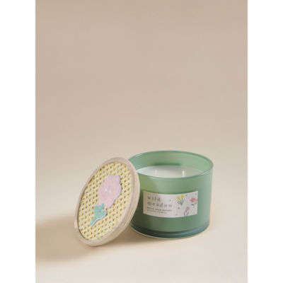 Wild Meadow wooden lid candle, green glass, imported from the UK
