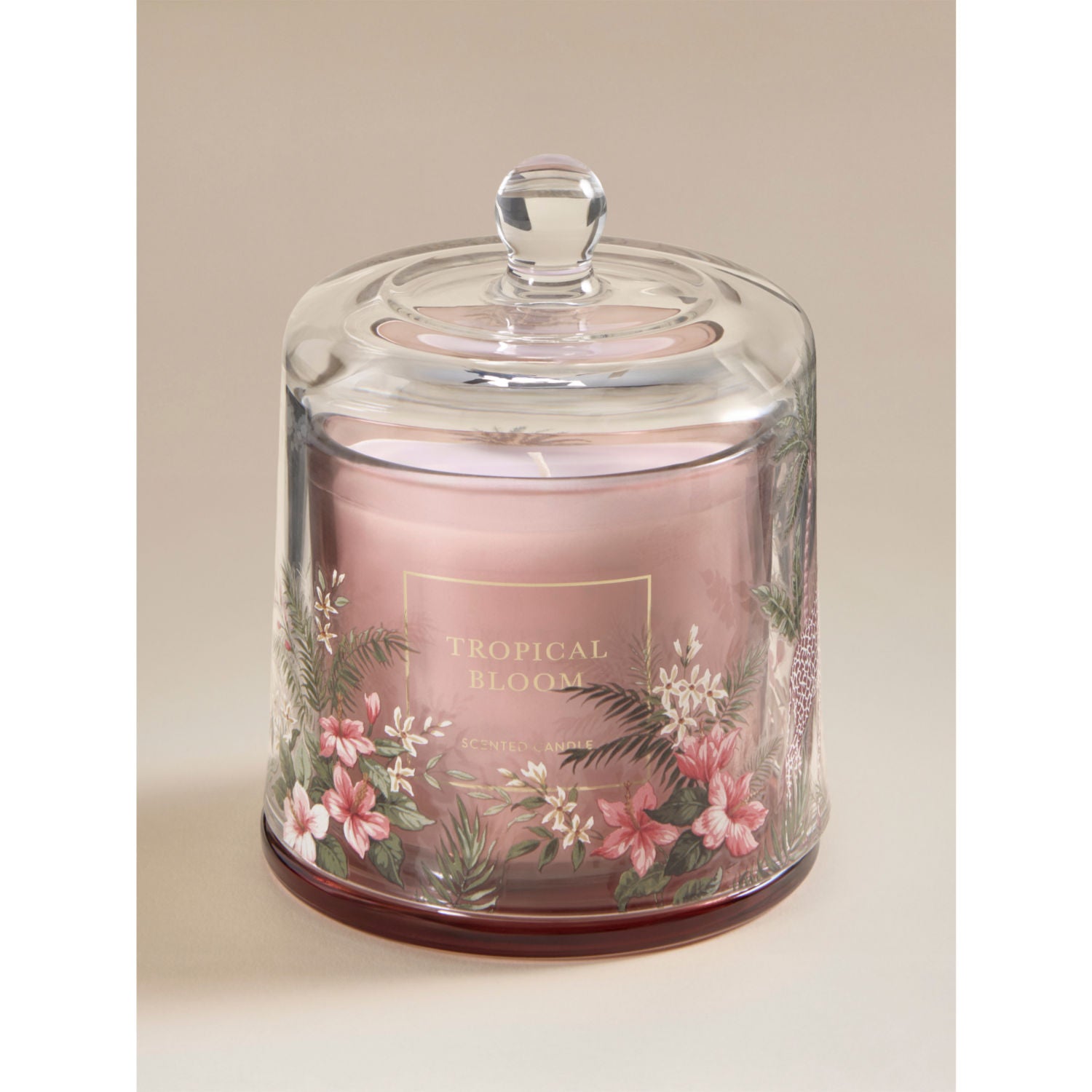 Botanical Tropical Bloom cloche candle with pink glass - British product