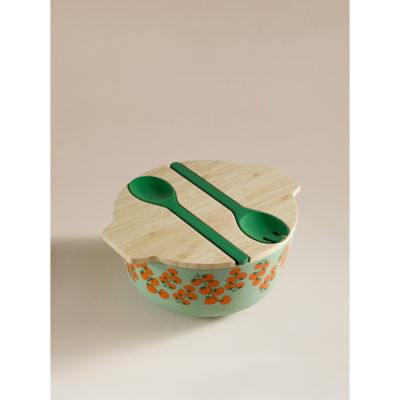Green salad serving bowl set with bamboo lid and servers, imported from the UK