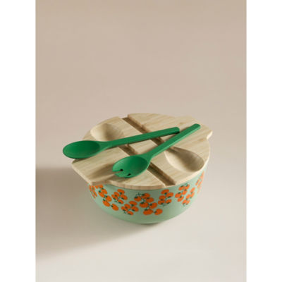 Green salad serving bowl set with bamboo lid and servers, imported from the UK