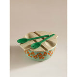 Green salad serving bowl set with bamboo lid and servers, imported from the UK