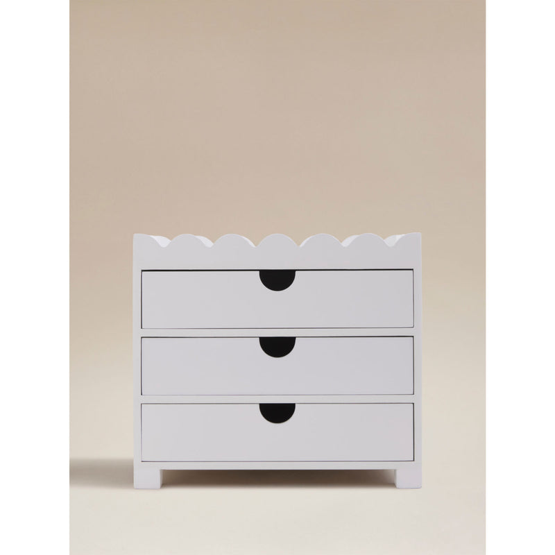 White scalloped storage box with three drawers - British product