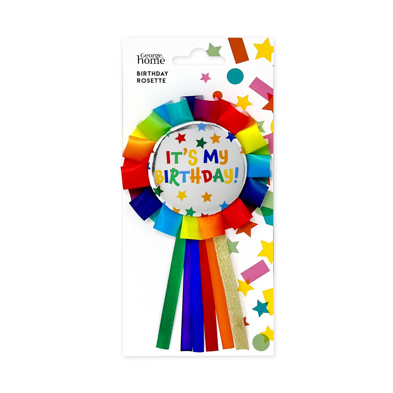 Birthday rosette badge with rainbow design and It's My Birthday message, UK version
