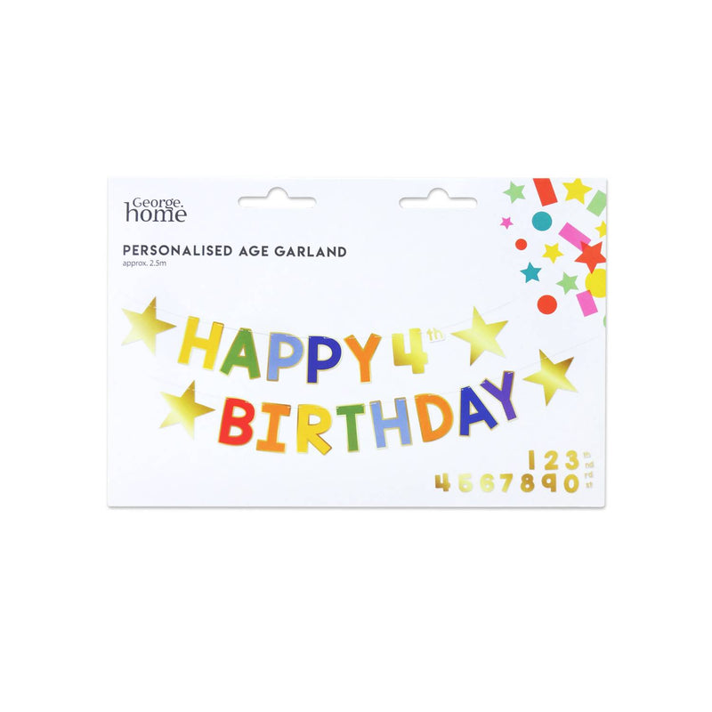 Happy Birthday personalised age garland 2.5m, imported from the UK