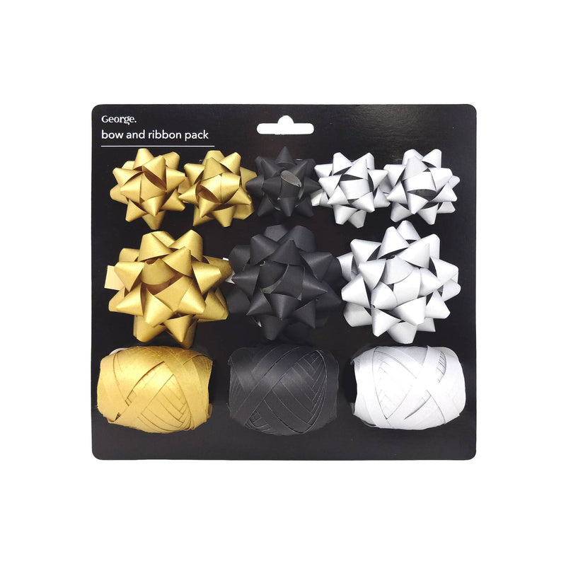 Metallic bow and ribbon set in gold, black, silver (British brand)