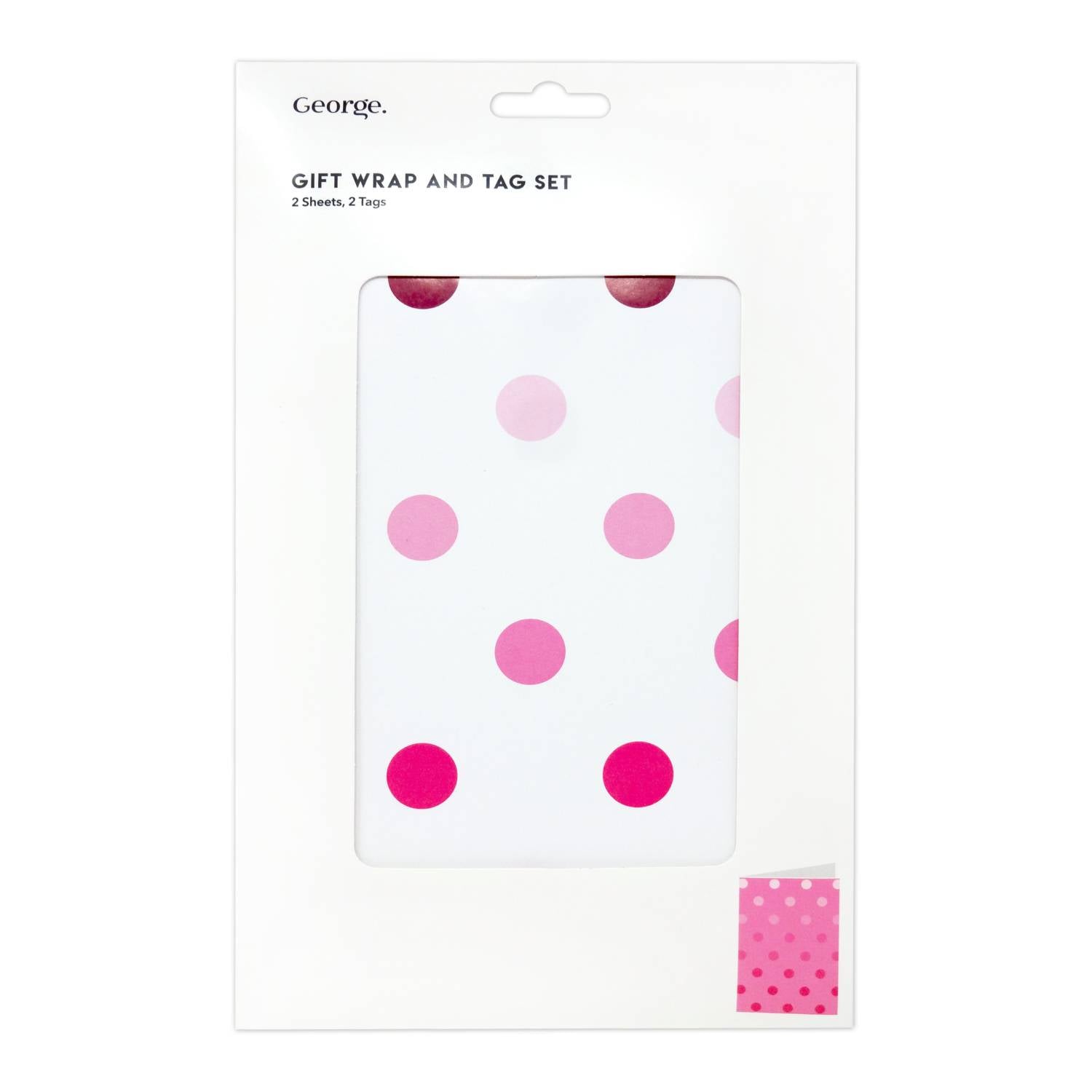 Pink spot flatwrap gift wrap sheets with tags, imported from the UK