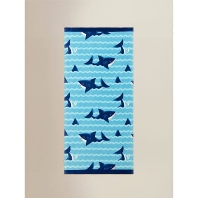 Blue shark printed cotton beach towel 71x152cm, imported from the UK