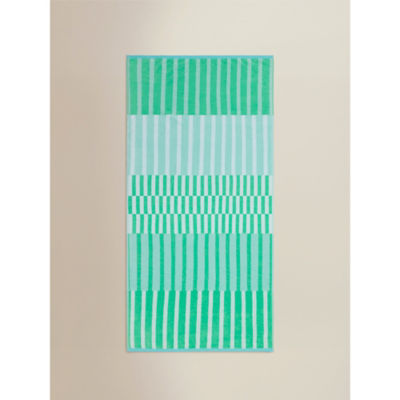 Blue green broken stripe cotton beach towel, imported from the UK