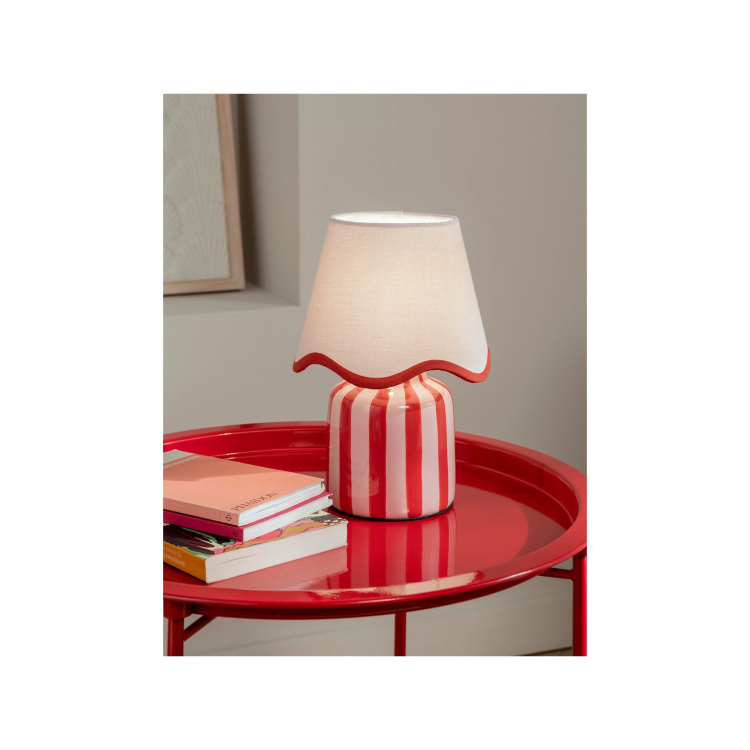 Red striped battery lamp in ceramic and fabric - British product