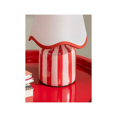 Red striped battery lamp in ceramic and fabric - British product