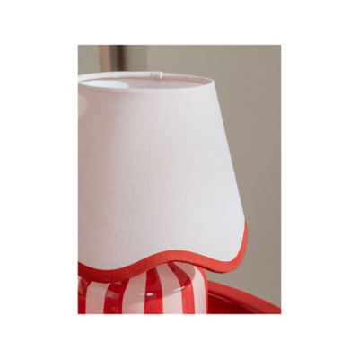 Red striped battery lamp in ceramic and fabric - British product