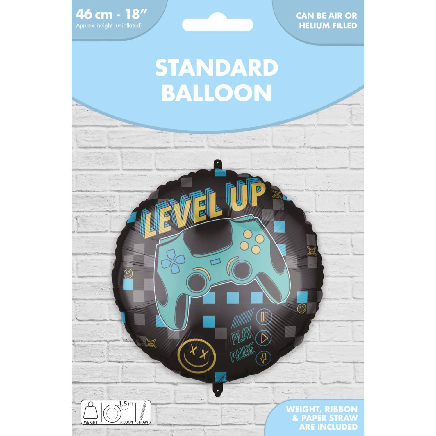 Level Up foil balloon 46cm gaming party decoration - British product