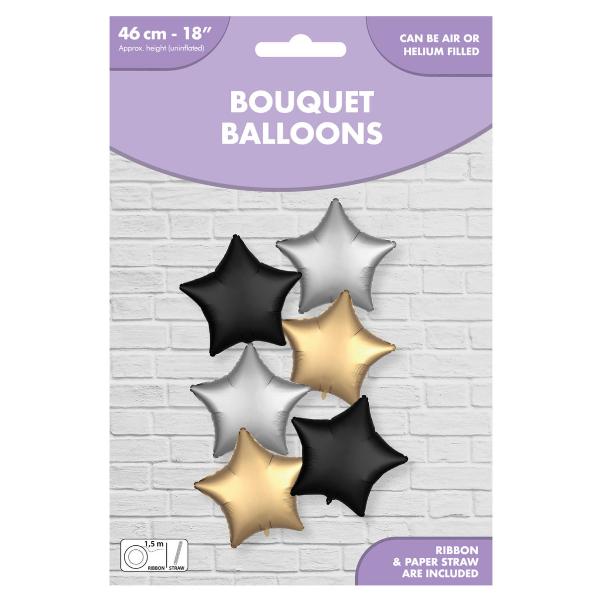 Star foil balloons black silver gold pack of 6, imported from the UK