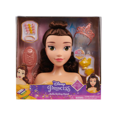 Tête à coiffer Disney Princess Belle, cheveux bruns, jeu d'imitation de 10 pièces, La Belle et la Bête