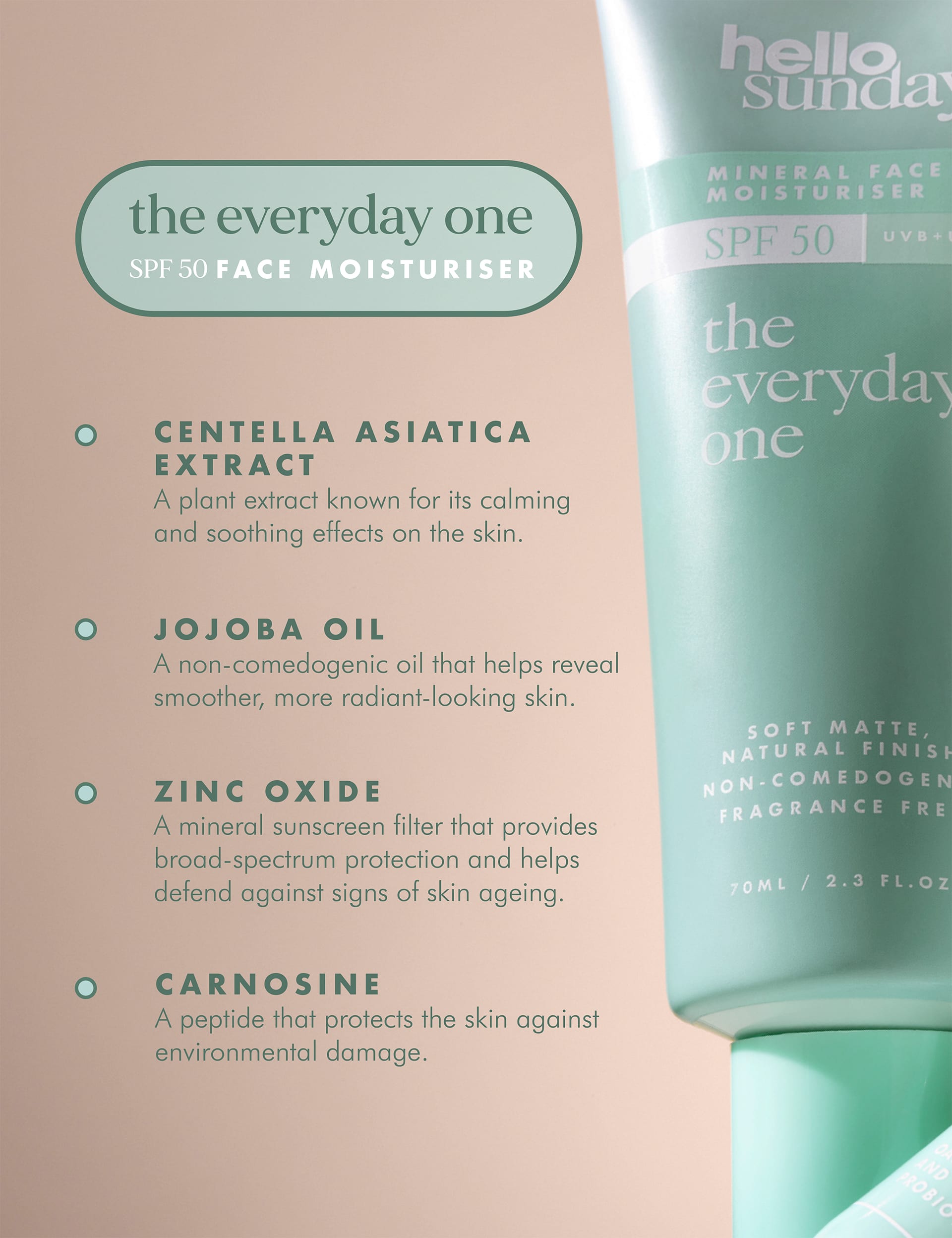Hello Sunday Face Moisturiser SPF 50 Centella Asiatica 70ml - British product