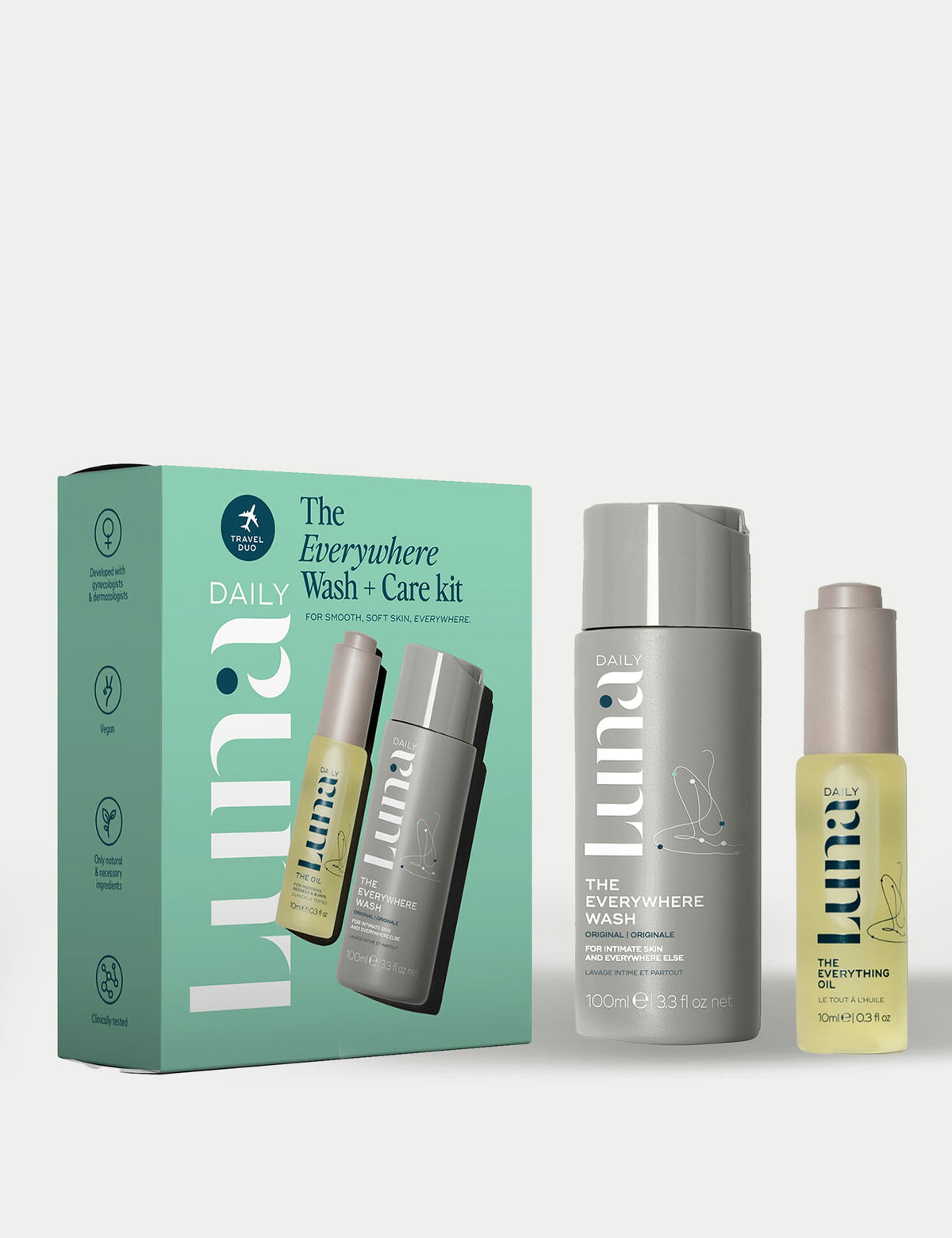 Luna Daily Everywhere Wash and Oil kit travel sizes (British brand)