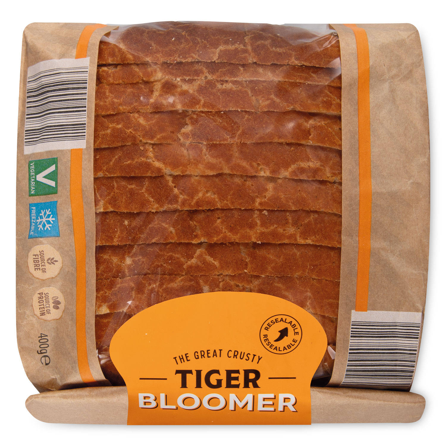 Sliced tiger bloomer loaf with crusty top, imported from the UK