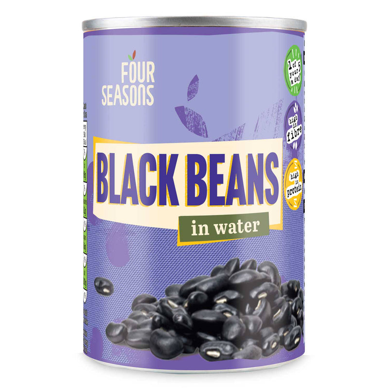 Tinned black beans in a metal can, imported from the UK