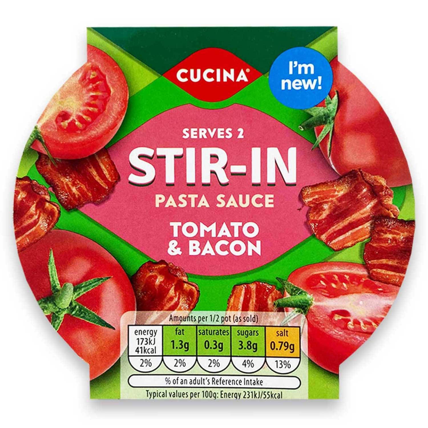 Tomato and bacon stir-in pasta sauce (British brand)