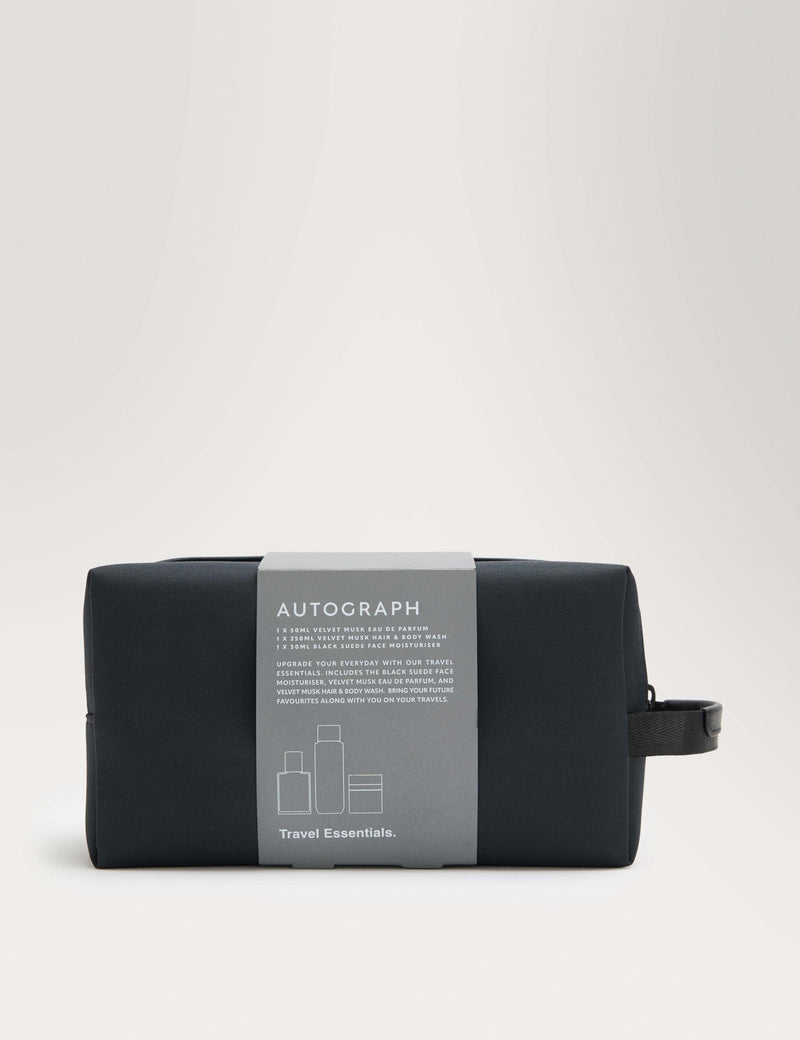 Travel grooming gift set with Velvet Musk perfume and Black Suede moisturiser (British brand)