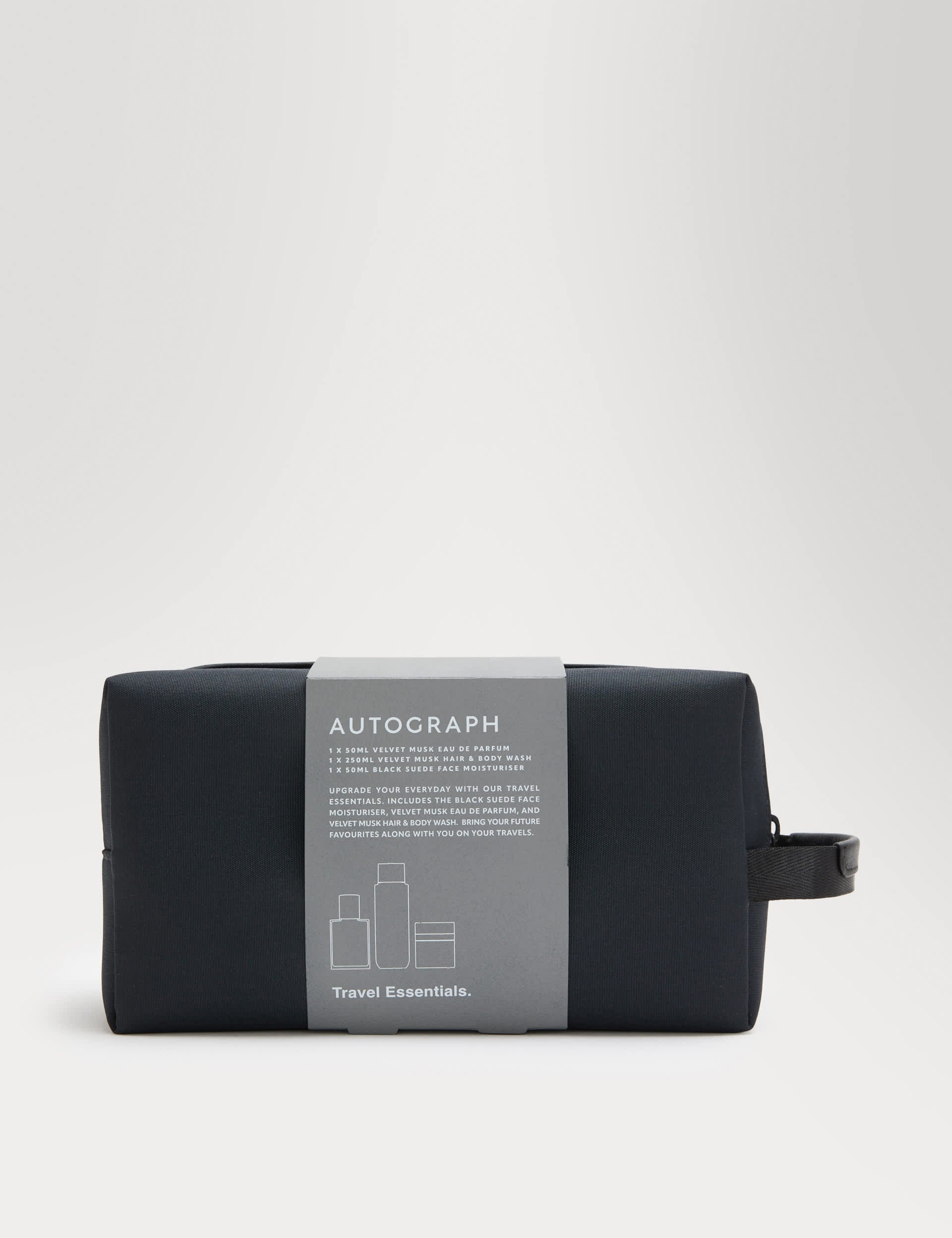 Travel grooming gift set with Velvet Musk perfume and Black Suede moisturiser (British brand)