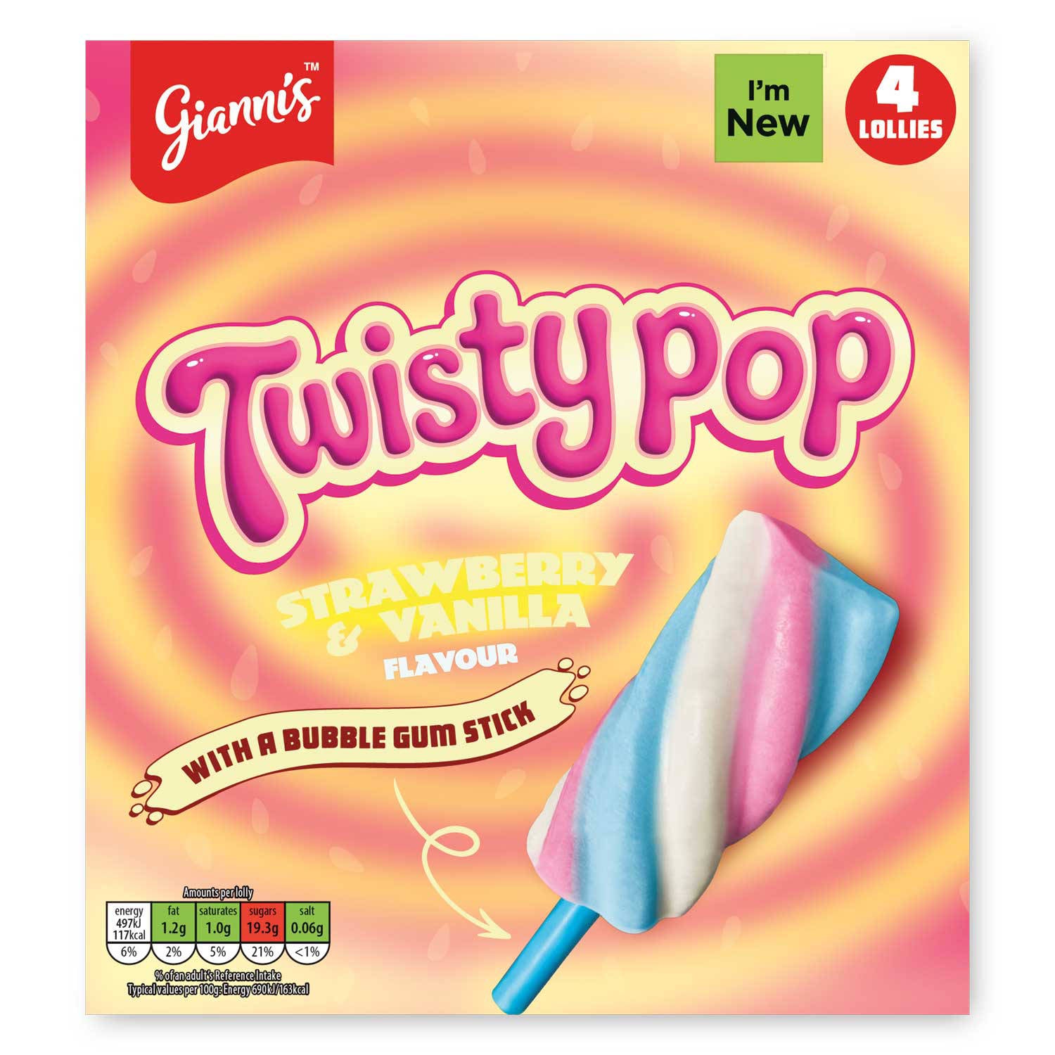 Twisty Pop lollies strawberry and vanilla (British brand)