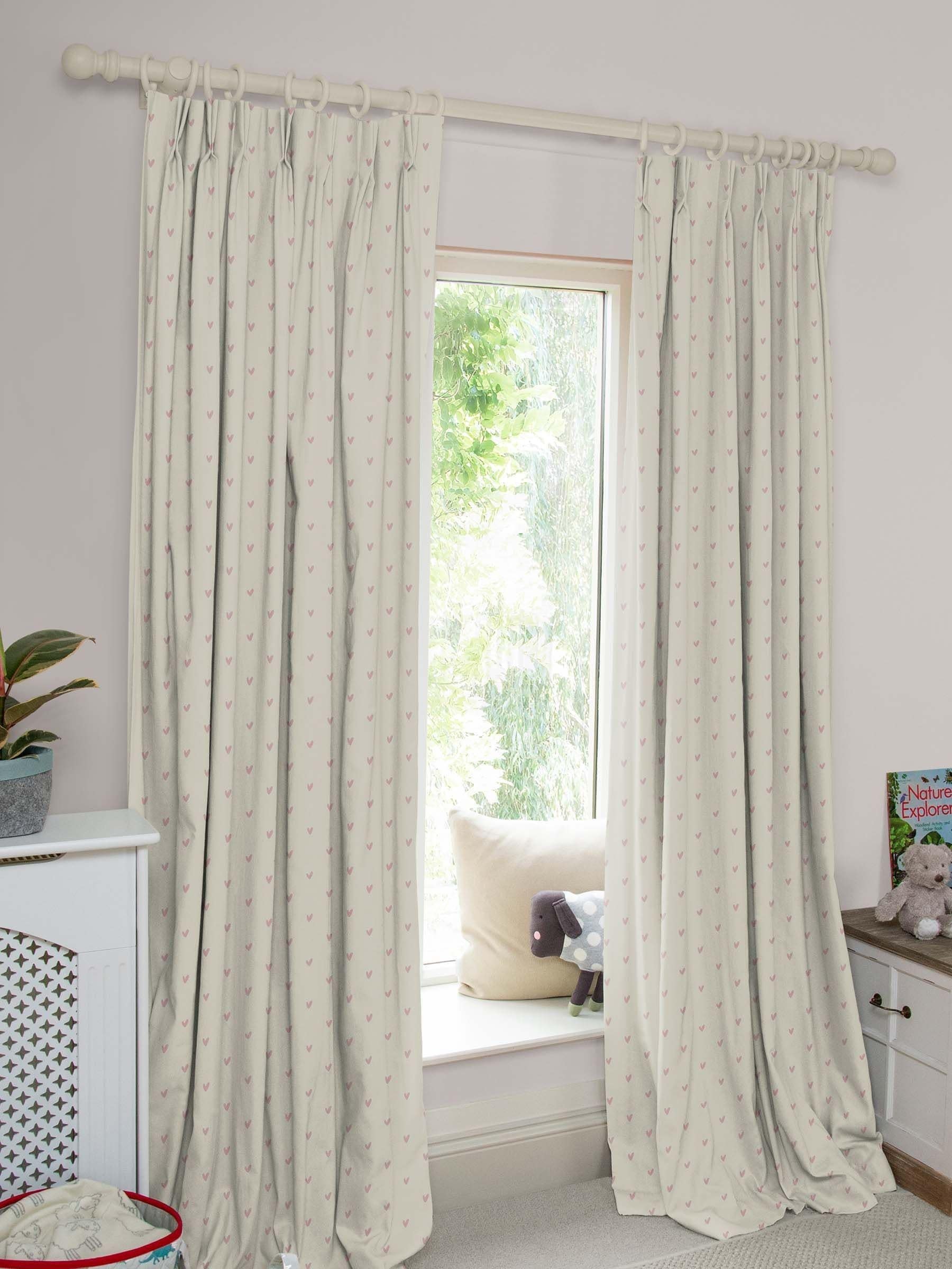 Sophie Allport Hearts curtains in pale pink on grey, imported from the UK