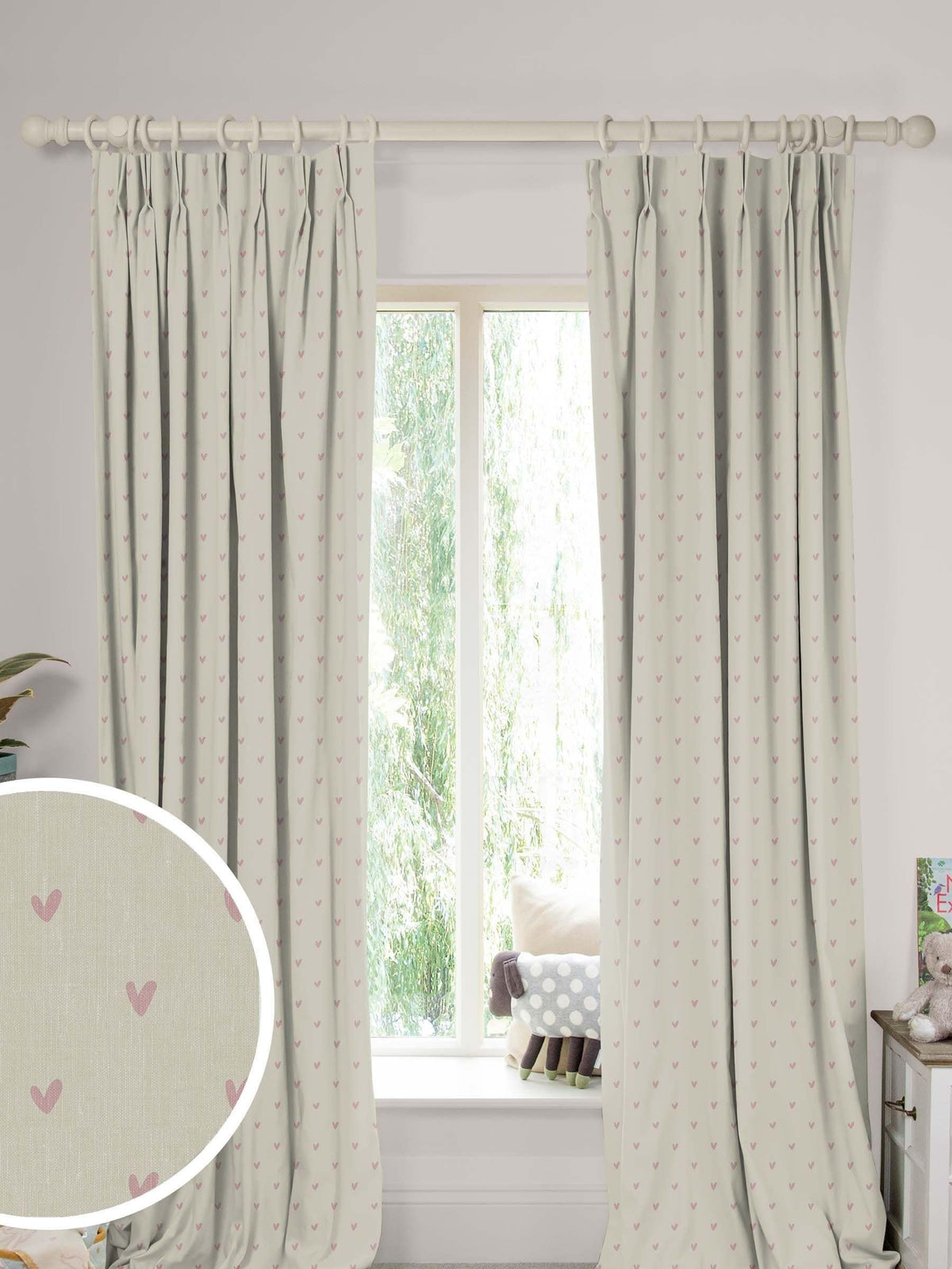 Sophie Allport Hearts curtains in pale pink on grey, imported from the UK