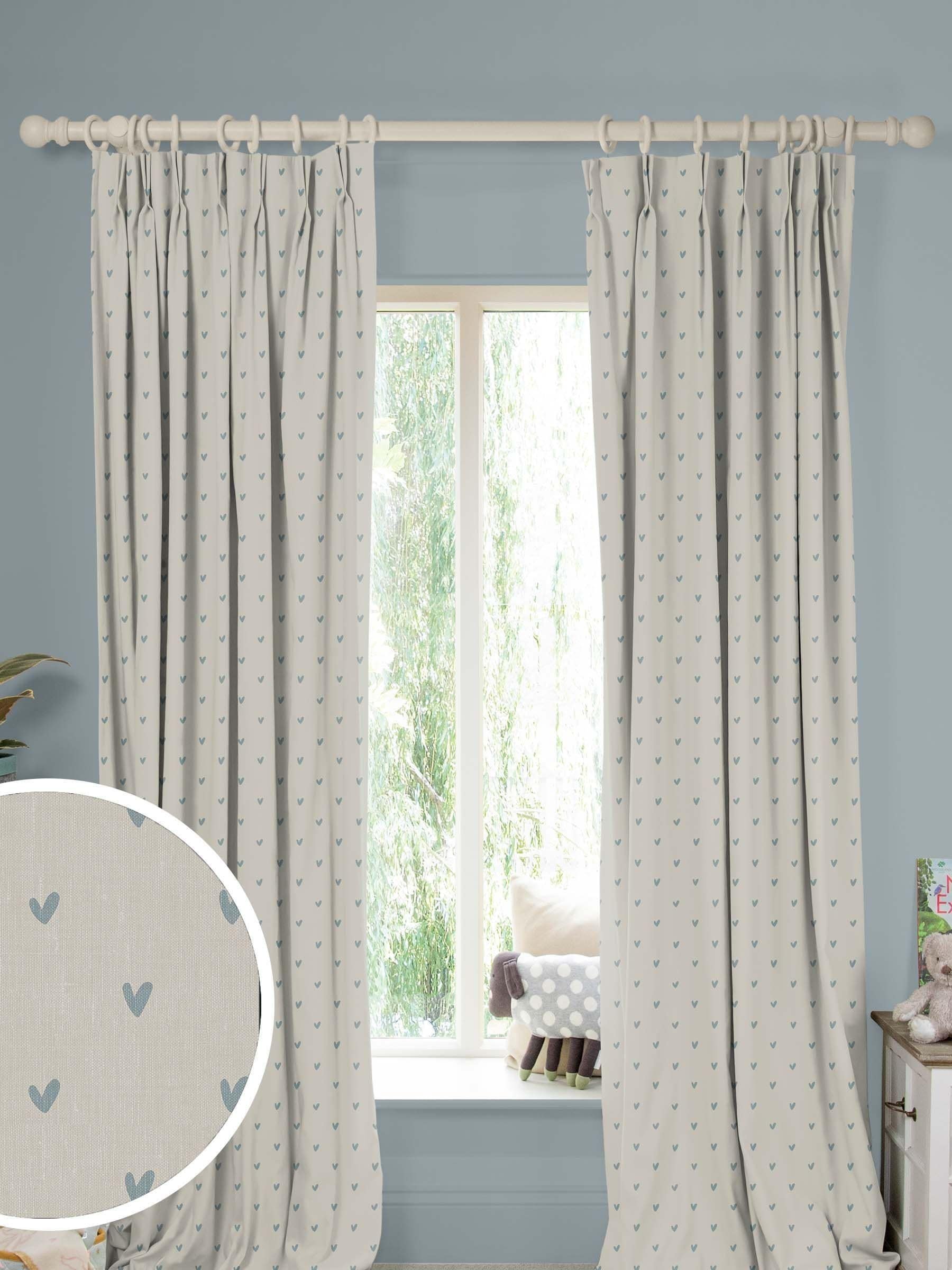 Sophie Allport Hearts curtains pale duck egg grey cotton, imported from the UK
