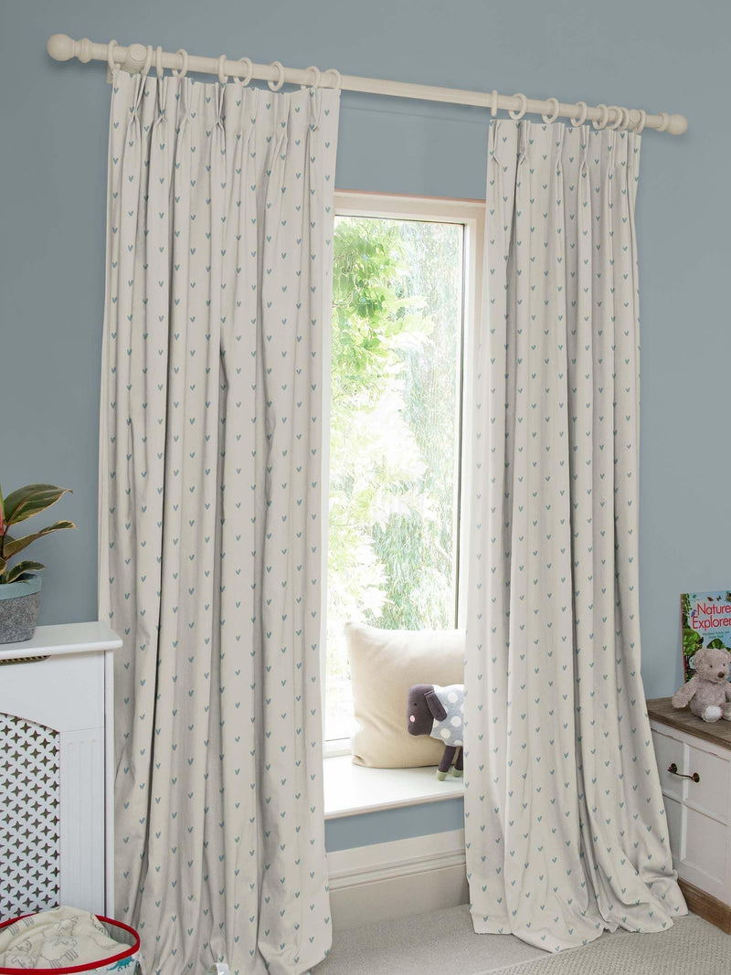 Sophie Allport Hearts curtains pale duck egg grey cotton, imported from the UK