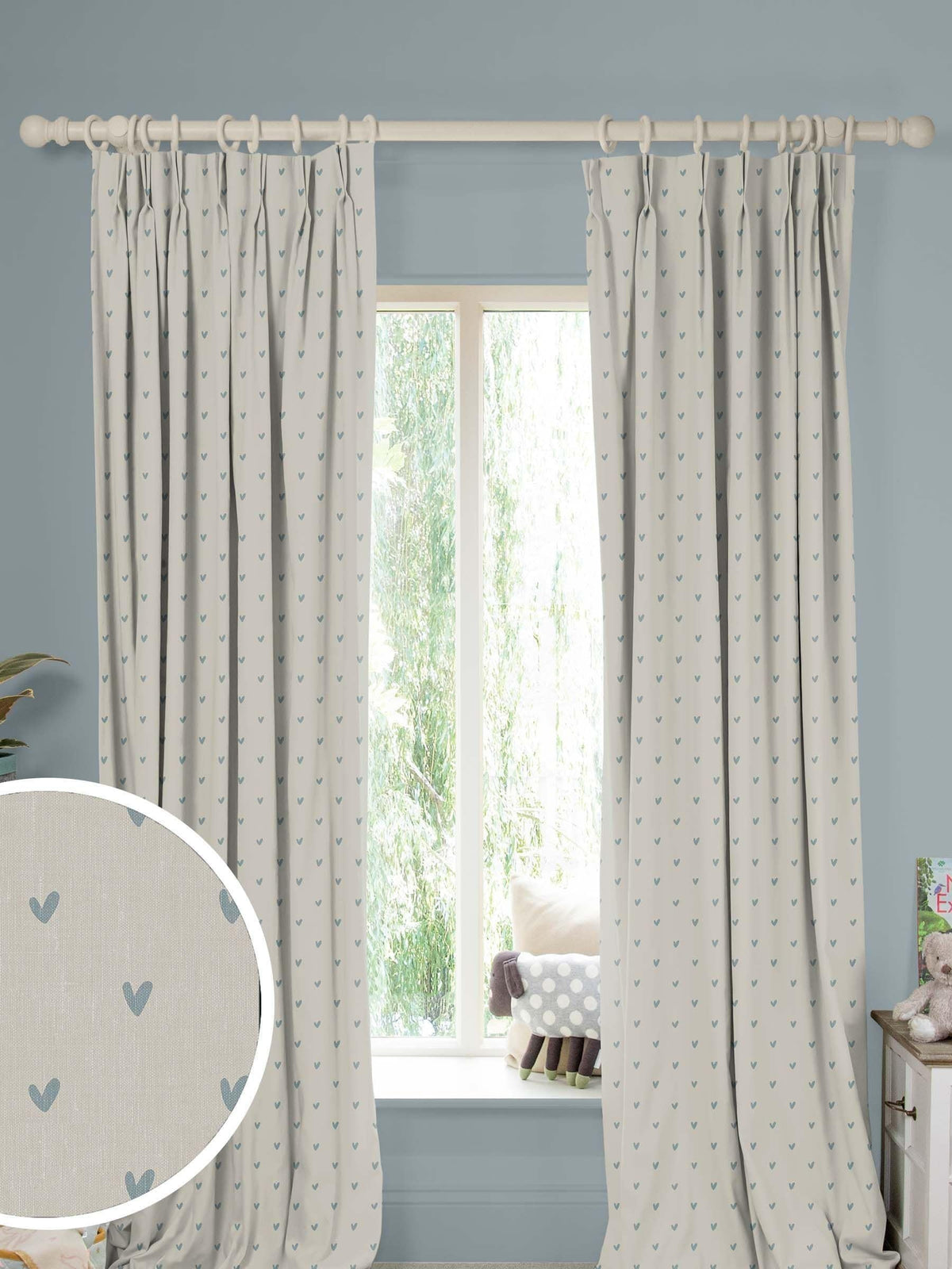 Sophie Allport Hearts curtains pale duck egg grey cotton, imported from the UK