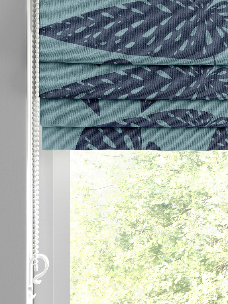 MissPrint Blue Leaf Tropics 100% cotton roman blind, UK version