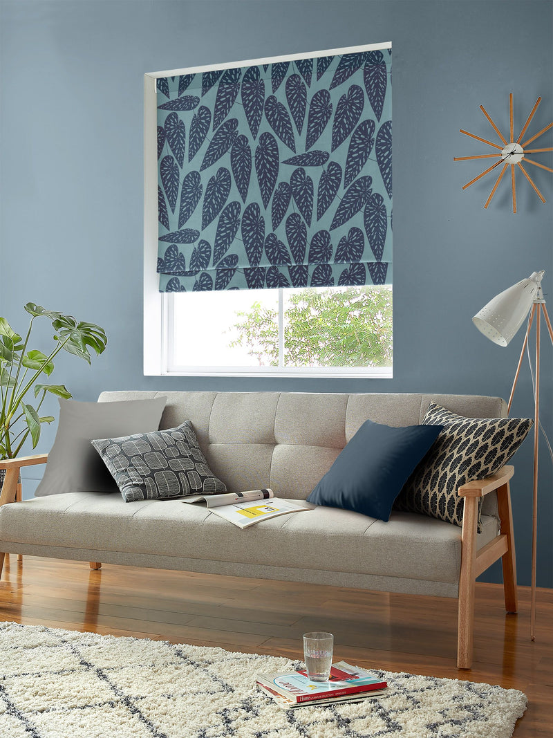 MissPrint Blue Leaf Tropics 100% cotton roman blind, UK version