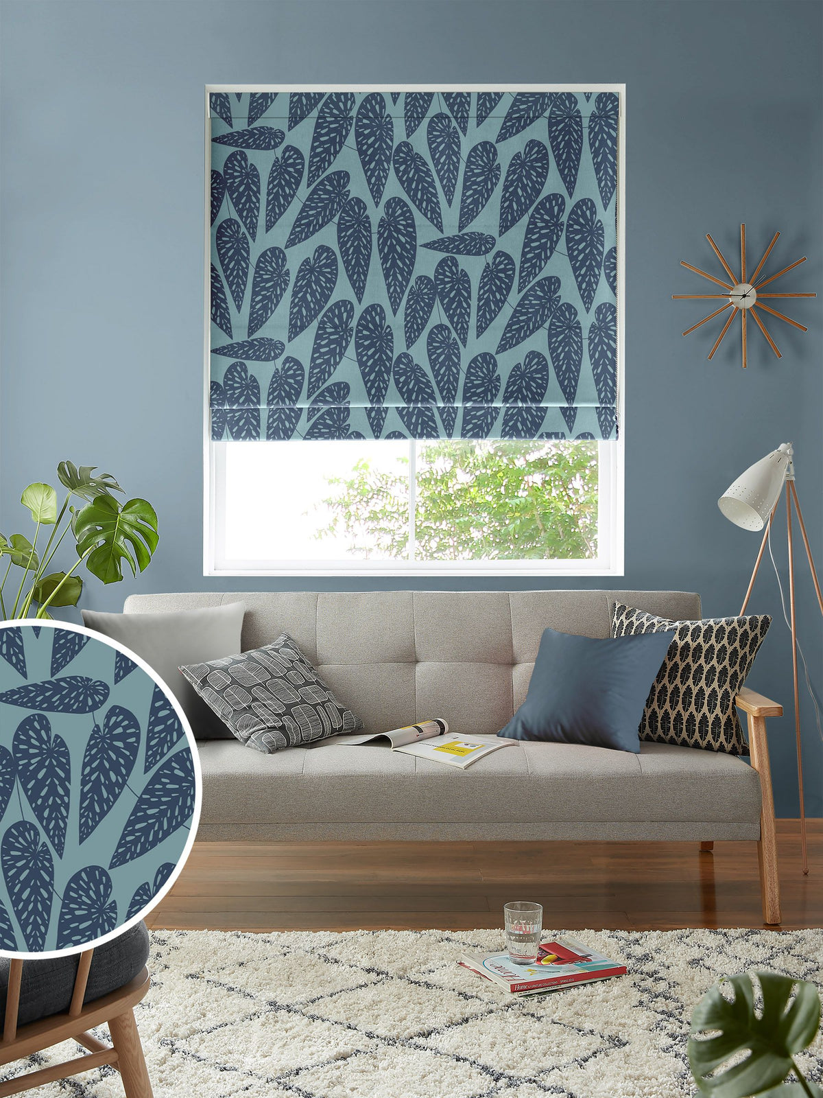 MissPrint Blue Leaf Tropics 100% cotton roman blind, UK version