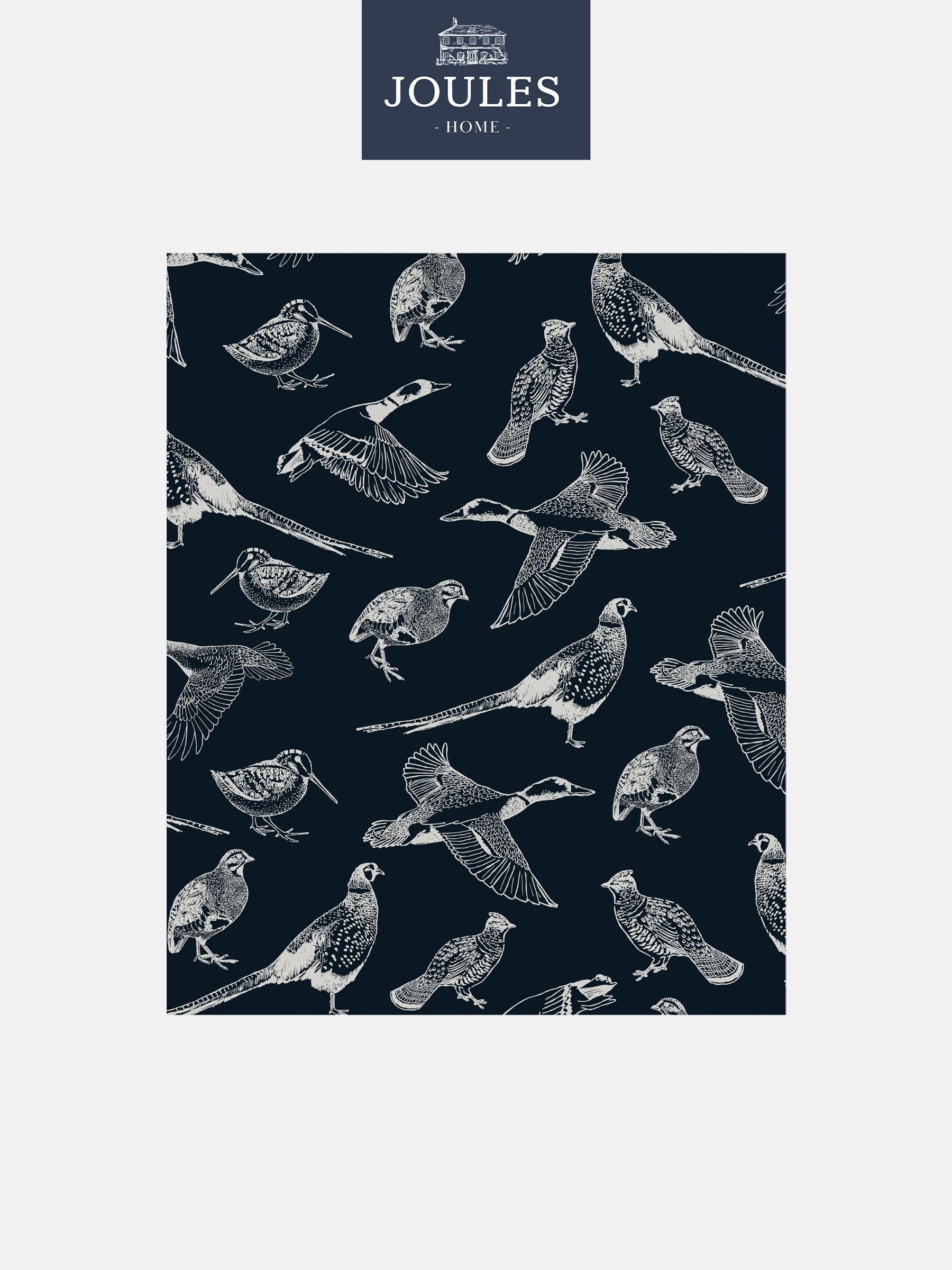 Joules hunting birds wallpaper sample swatch in French navy, imported from the UK