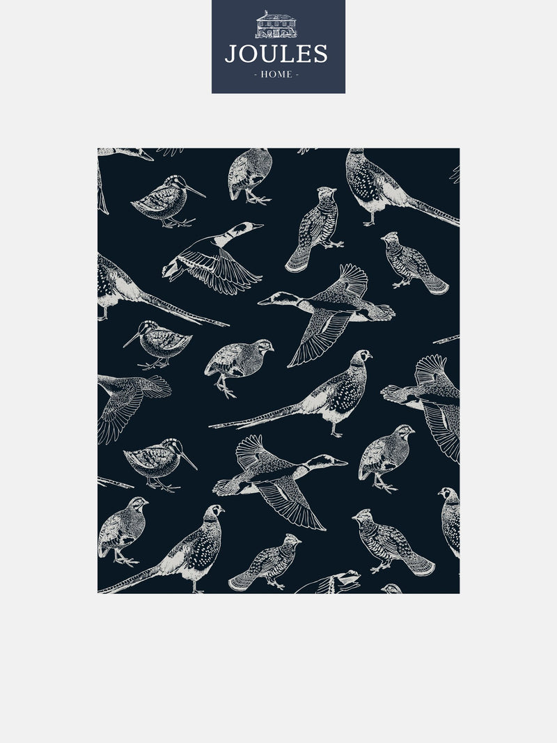 Joules hunting birds wallpaper sample swatch in French navy, imported from the UK
