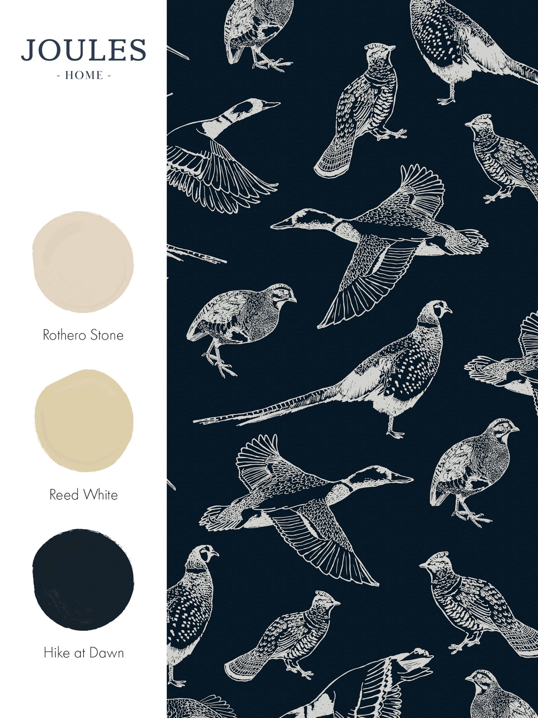 Joules hunting birds wallpaper sample swatch in French navy, imported from the UK