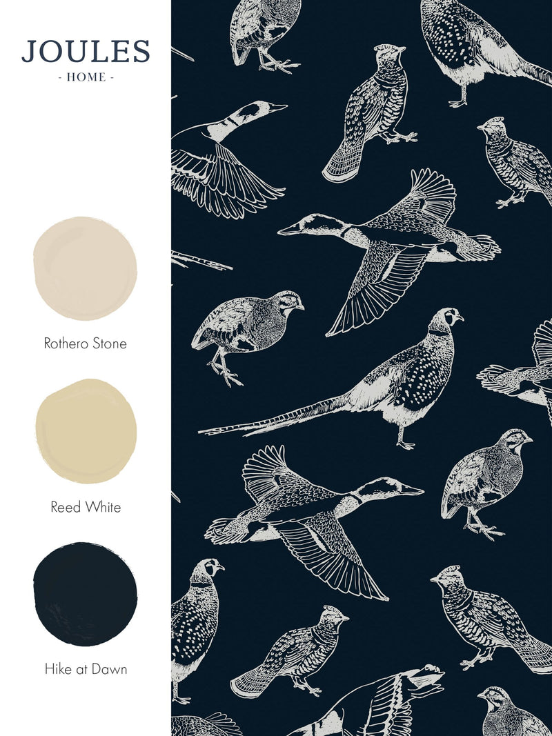 Joules hunting birds wallpaper sample swatch in French navy, imported from the UK