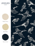 Joules hunting birds wallpaper sample swatch in French navy, imported from the UK