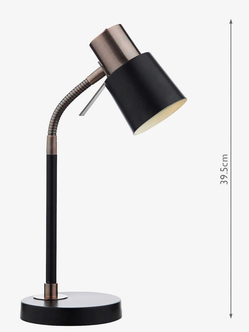 Dar Lighting Black James matt black table lamp flexible neck, UK version