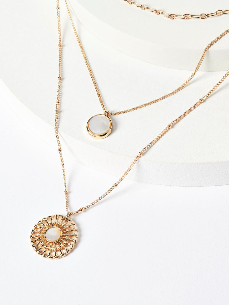 Gold tone floral 3 row necklace with shell pendant, UK version