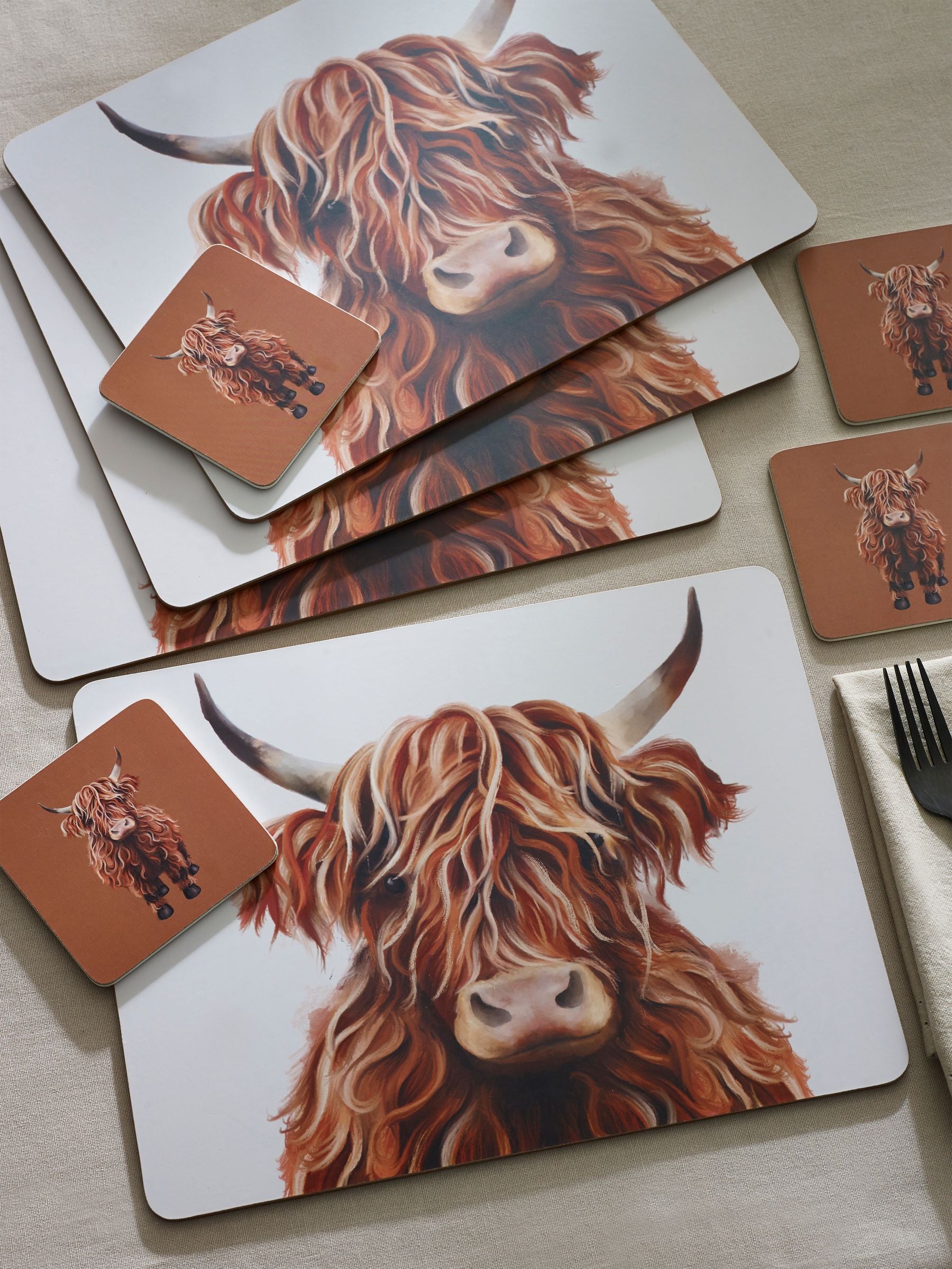 Hamish Highland Cow corkback placemat and coaster set natural UK version